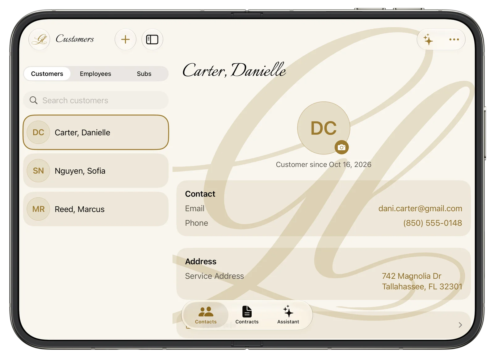 My Business — 2-column client directory and contact records on the unfolded iPhone Duo