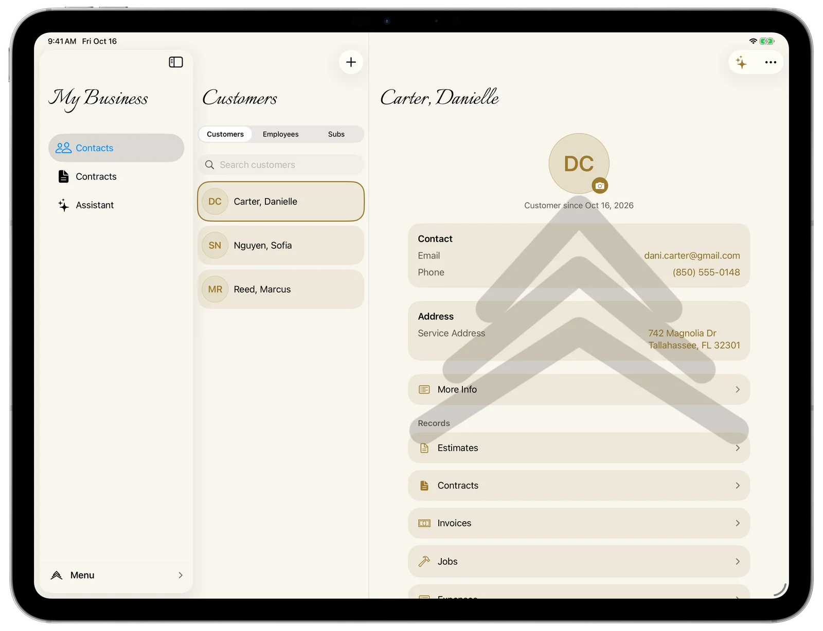 A customer’s detail hub on iPad with their records, under a custom brand backdrop