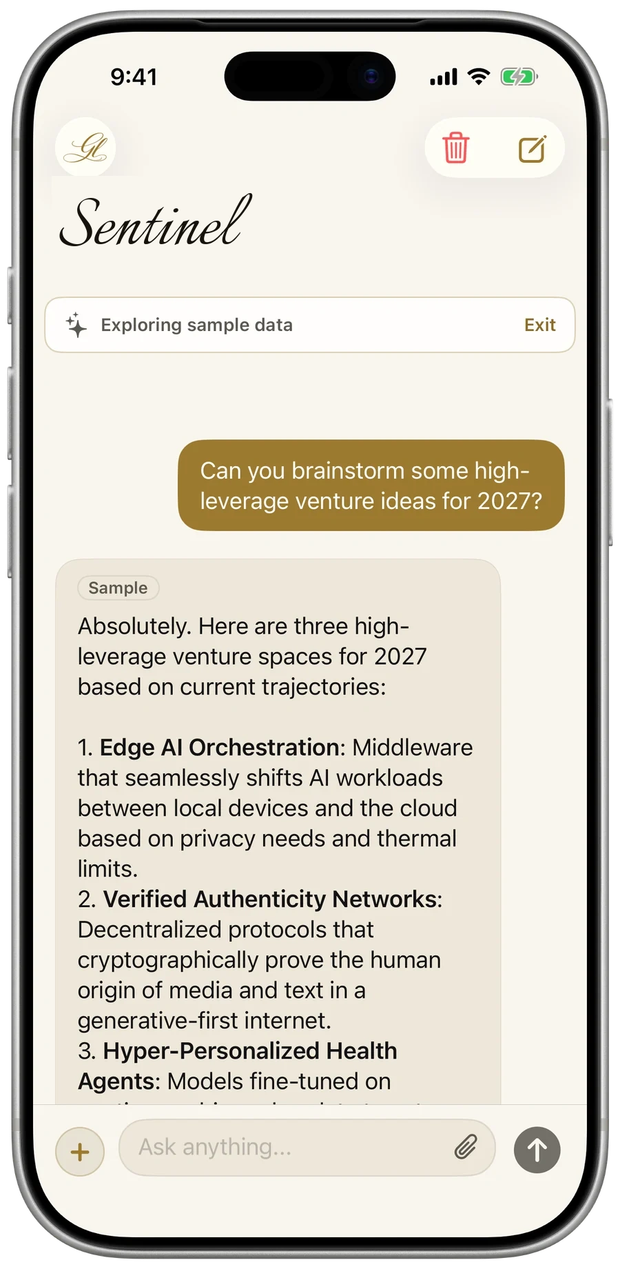 Sentinel — the Chat screen on iPhone