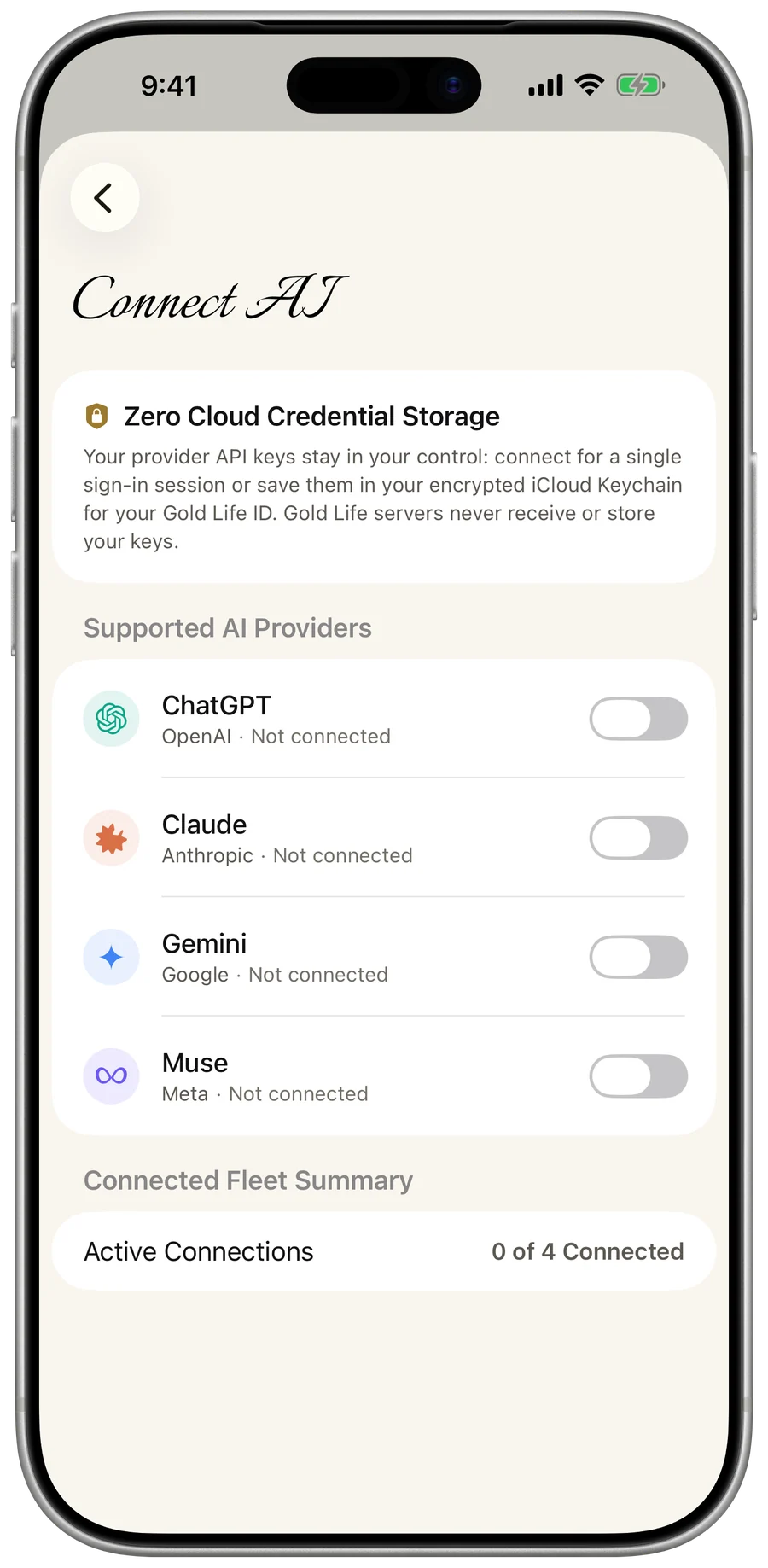 Sentinel — the Connect AI screen listing ChatGPT, Claude, Gemini and Muse