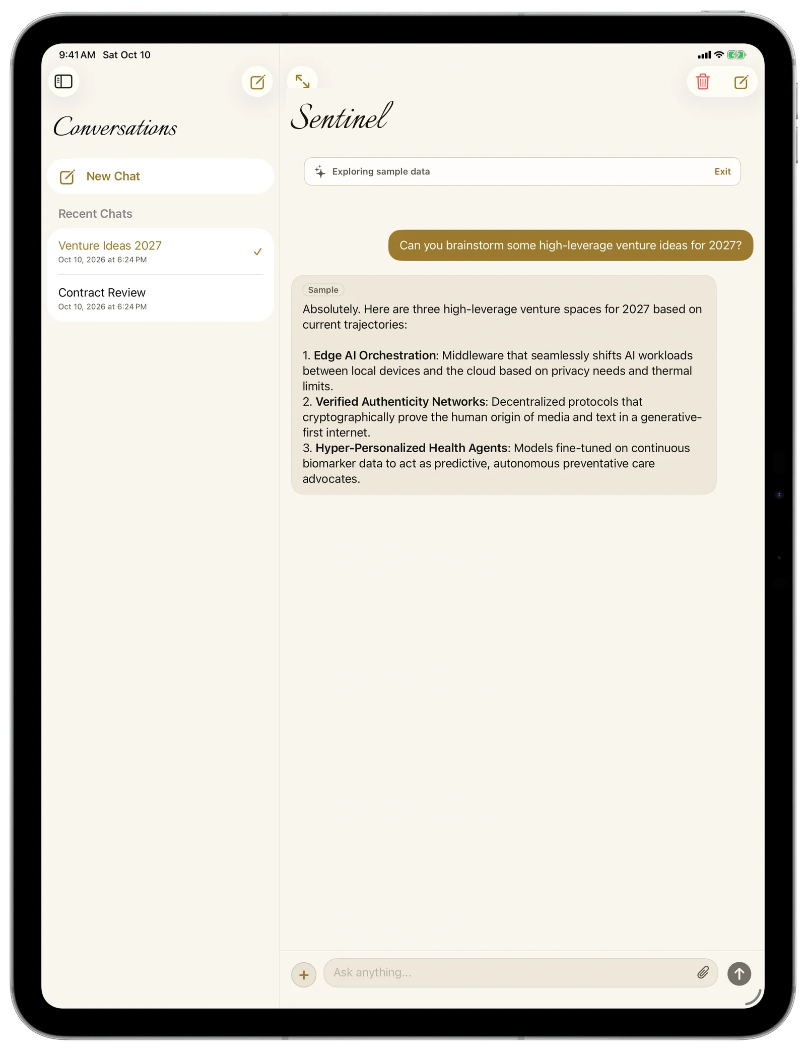 Sentinel on iPad — the Conversations list beside a chat
