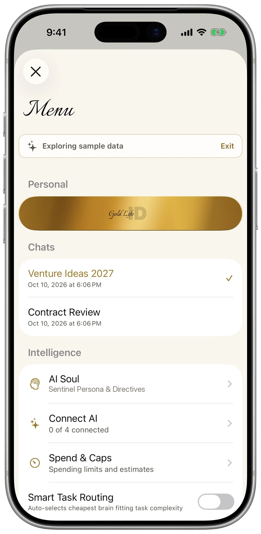 Sentinel — the Menu with your chats, AI Soul, Connect AI and Spend & Caps
